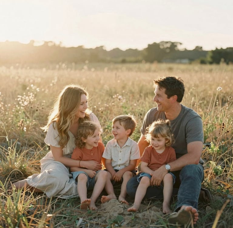 A warm, sunlit outdoor portrait of a family laughing together in a wild grass field, golden hour backlighting, soft lens flare, 35mm film grain style.