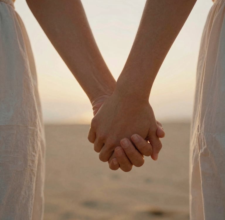 Intimate cinematic close-up of a couple holding hands during golden hour, warm backlight, soft focus on fingers, 35mm film grain, sand tones