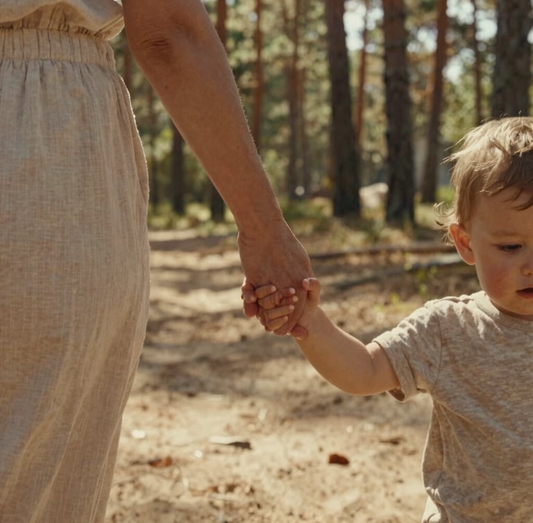 An intimate close-up of a mother holding her toddler's small hand while walking through a sun-drenched pine forest, warm sand tones, cinematic composition.