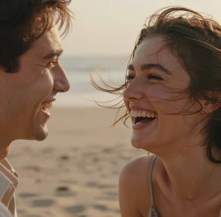 Intimate close-up portrait of a couple laughing, wind-blown hair, soft sand background, warm golden hour light, shallow depth of field, authentic emotions