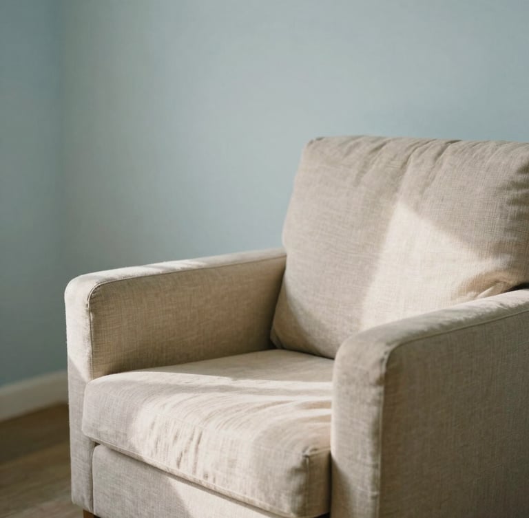 Soft environmental shot of an empty therapy room with a comfortable armchair, linen textures, gentle morning shadows, muted sand and light blue tones, 35mm