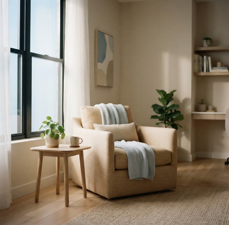 Softly lit empty therapy room with a comfortable linen armchair in warm sand and pale blue morning light, gentle shadows, minimalist editorial style, shallow depth of field