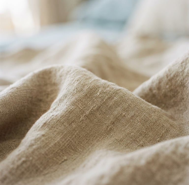 Close-up of soft organic linen fabric, warm sand tones, diffused morning daylight, gentle shadows, shallow depth of field, 35mm
