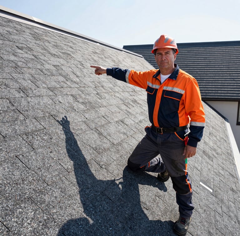 Portrait of an experienced roofer, mid-40s, in branded gear, pointing confidently at a perfectly installed asphalt shingle. Bright morning light, sharp architectural photography.