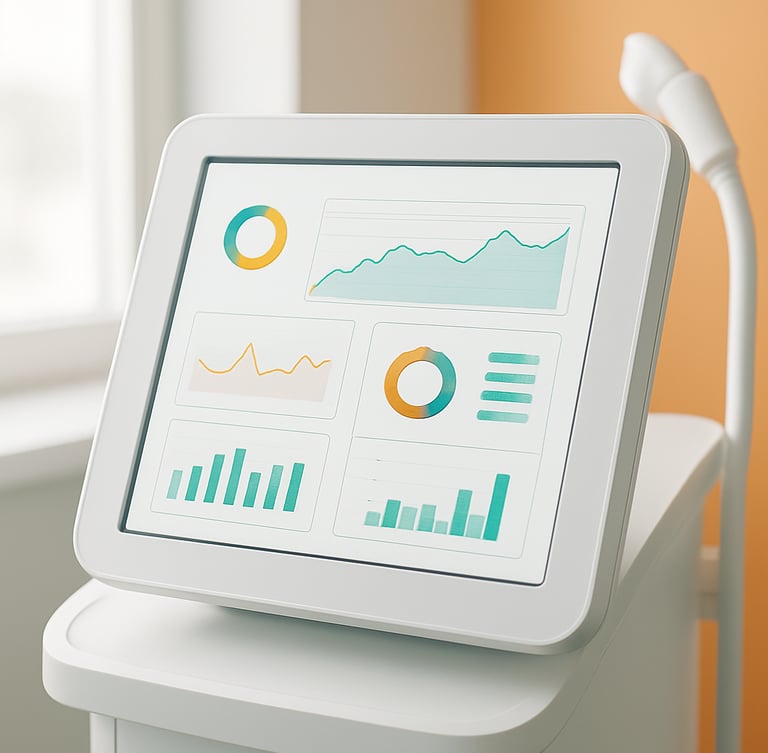Crisp medium-close up of a modern aesthetic medical device screen displaying structured data flows, bright clinical daylight, warm orange ambient accents, 35mm