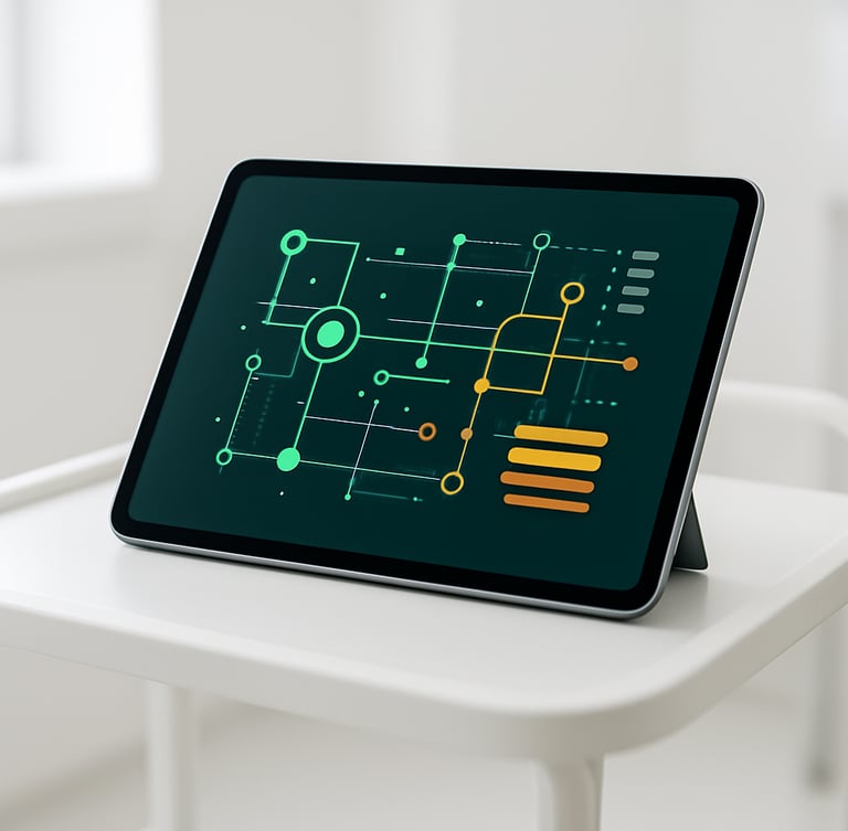 Macro shot of a high-end clinical tablet on a clean white medical cart, displaying abstract secure green and orange data flow diagrams, bright clinical daylight, 35mm