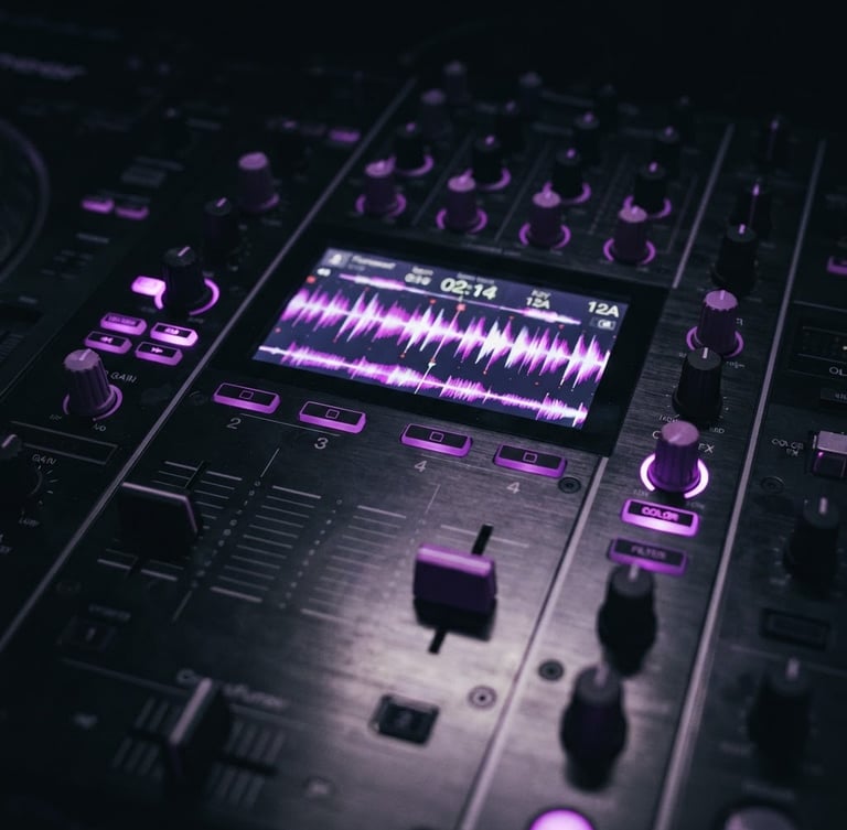 dark editorial photography, low-light studio environment, glowing screen illumination, deep blacks with neon purple accents, macro lens, tight crop on a DJ mixer with glowing waveforms on a screen