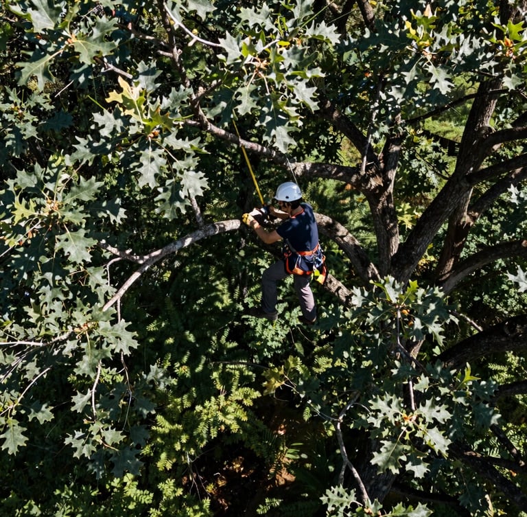 Arborist in harness, high-angle shot, carefully pruning a large oak branch, dappled sunlight through dense canopy, rugged outdoor photography, crisp natural daylight, deep forest greens and slate tones, 35mm lens, portrait aspect