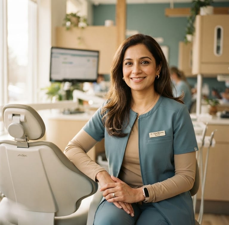Warm portrait of Dr. Dipa Sharma, professional attire, gentle smile, in a sunlit modern dental clinic, soft focus on her, shallow depth of field, muted teal and warm sand tones.