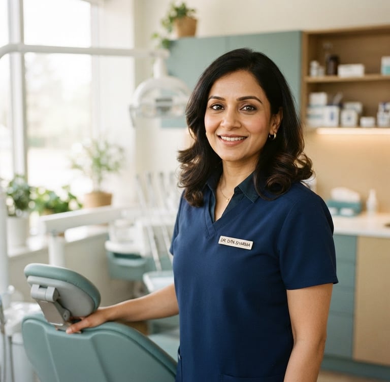 Portrait of Dr. Dipa Sharma in a modern, clean dental clinic, smiling gently, soft natural window light, muted teal and warm sand tones, shallow depth of field. She is wearing professional attire.