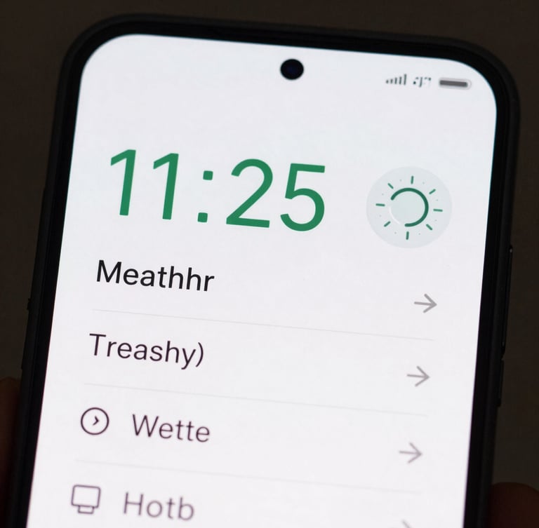 Macro close-up of a premium Android phone screen displaying a minimalist weather utility with clean geometric sans-serif typography, soft green accents, and generous negative space