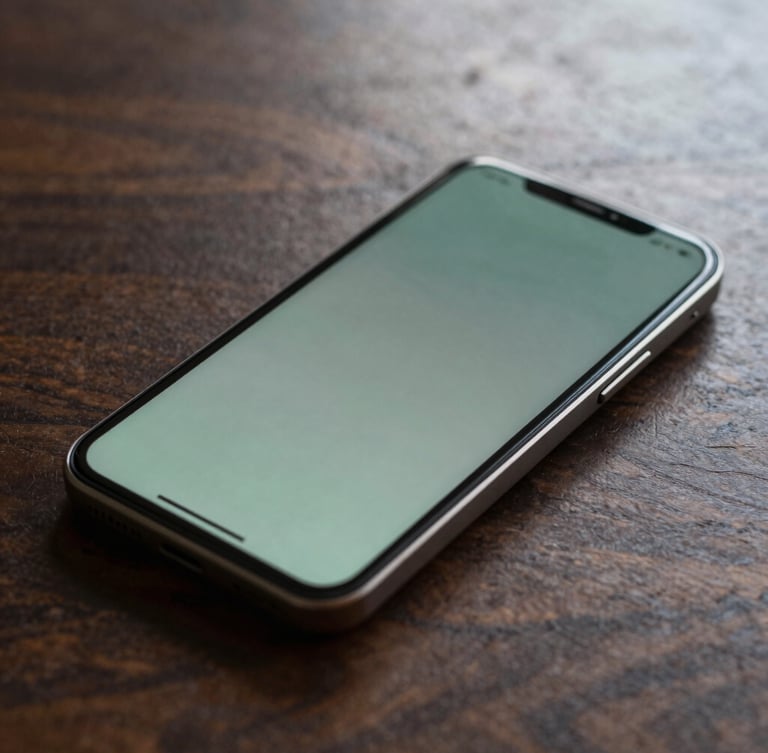 A close-up macro shot of a physical Android device resting on a clean dark oak desk, displaying a minimalist sage green and slate user interface under soft, diffused afternoon light.
