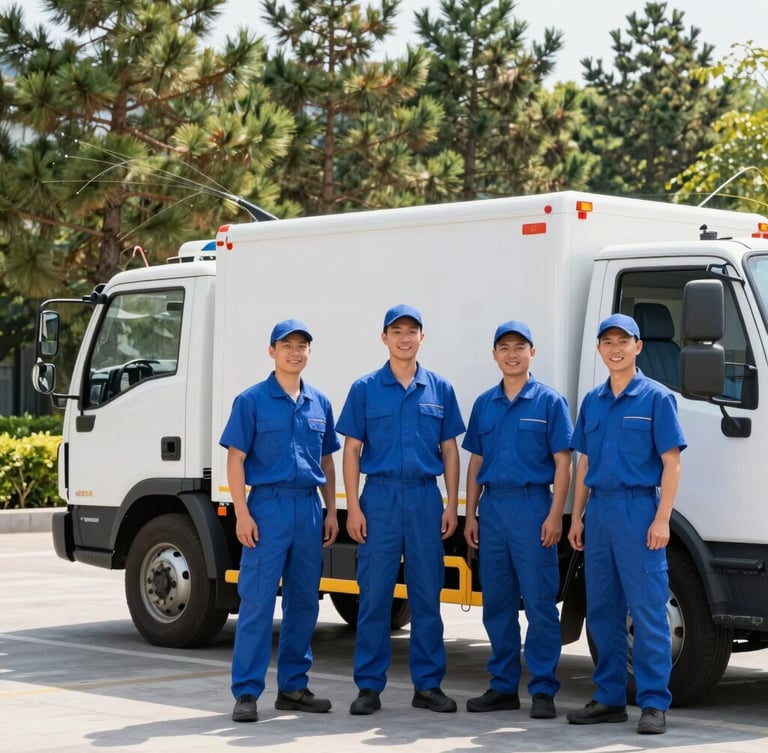 A professional exterior cleaning crew in clean blue uniforms standing next to their service truck, smiling, bright morning daylight, pine trees in the background, sharp focus, 35mm