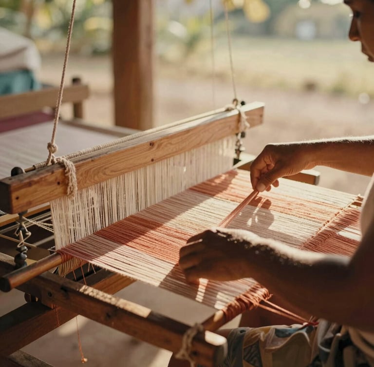 warm editorial photography, soft natural golden-hour light, muted sun-washed tones, shallow depth of field, 35mm. A local artisan weaver working on a wooden loom in a sunlit workshop in Uruburetama, threads of terracotta and cotton catching the warm afternoon light.