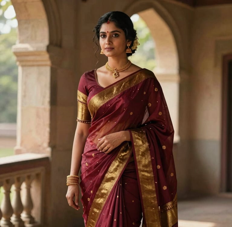 Elegant portrait of a woman draped in a royal maroon and gold Kanchipuram saree, standing against a rustic stone archway in Bengaluru, soft natural sunlight, cinematic editorial photography, 35mm