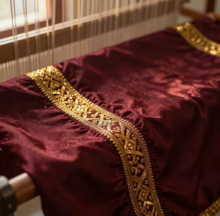 Macro photograph of deep maroon silk fabric on a loom, intricate gold zari threads glistening under warm golden-hour side light, shallow depth of field, tactile luxury, 35mm