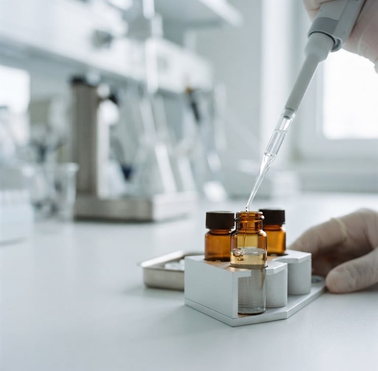 Macro close-up of amber glass vials filled with clear NAD+ solution, laboratory pipette dispensing liquid, bright cool daylight, minimalist clinical setting, sharp focus, high-end editorial, 35mm, with generous negative space to the left.