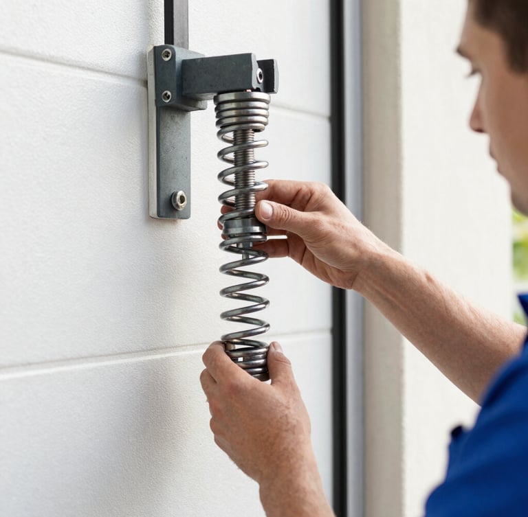 Close-up of a professional technician in a clean uniform adjusting a heavy-duty steel torsion spring on a garage door, bright natural daylight, sharp focus, 35mm lens