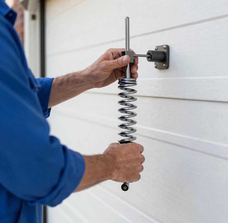 Close-up of a technician in a clean blue uniform adjusting a heavy-duty steel torsion spring on a residential garage door, bright natural light.