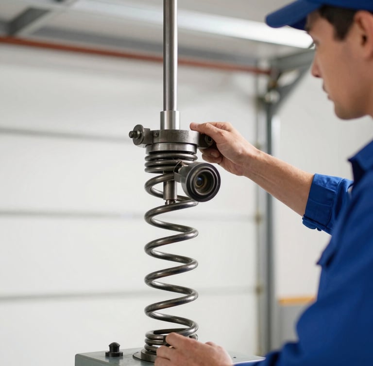 sharp professional photography, bright natural daylight, clean industrial tones, a technician in a clean uniform replacing a heavy-duty garage door torsion spring, 35mm lens