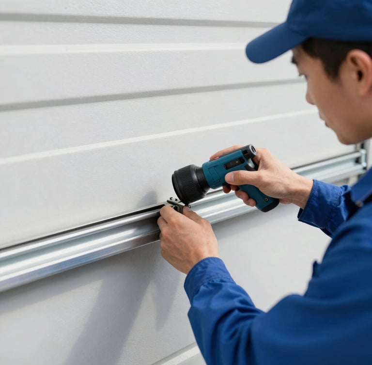 A technician in a blue uniform repairing a steel garage door track using professional tools, bright daylight, sharp details, 35mm lens