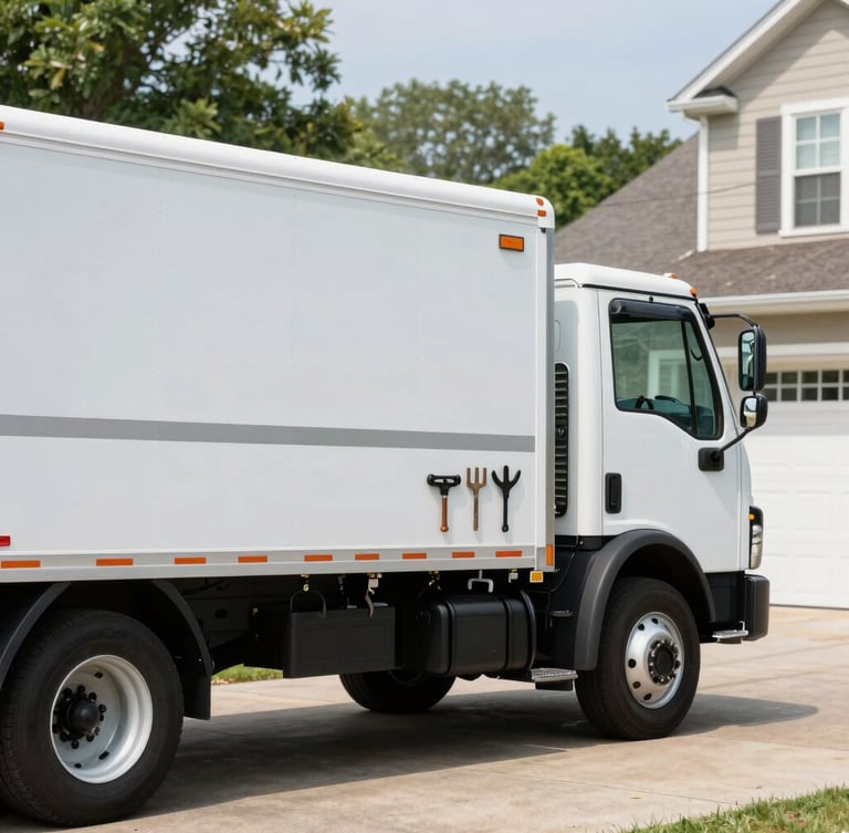 A clean professional service truck parked in a bright suburban Mt Laurel driveway, side profile showing organized tools, daylight, sharp focus.