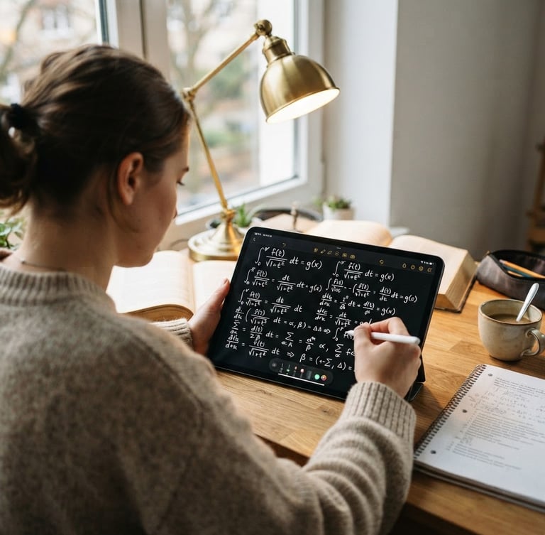Over-the-shoulder shot of a student's tablet showing a handwritten calculus equation, warm desk lamp light, focused atmosphere