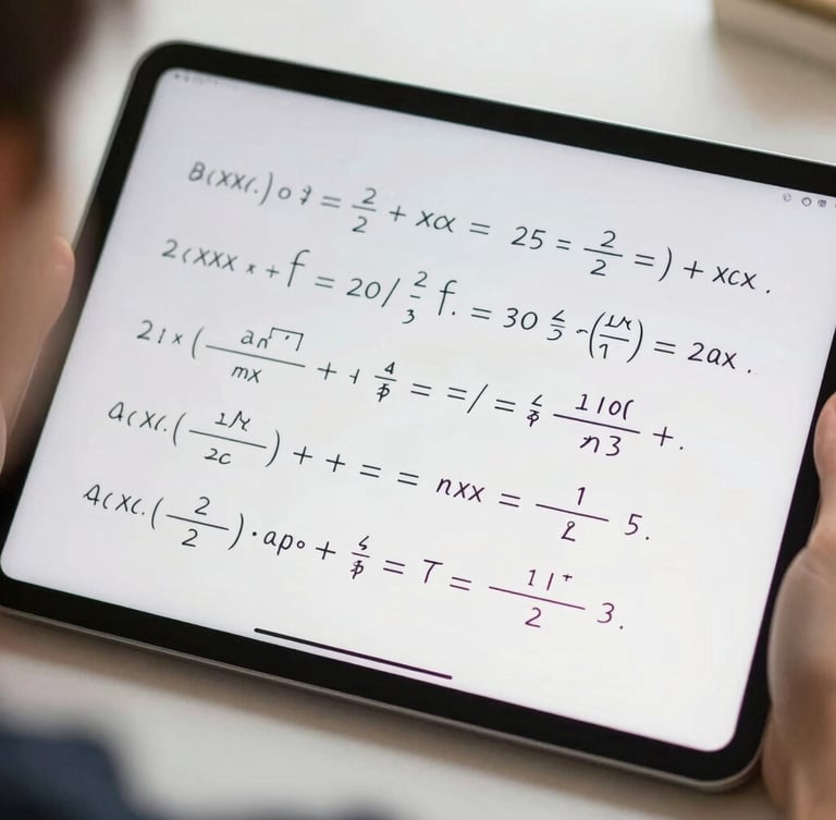 Over-the-shoulder shot of a digital tablet with handwritten math formulas solved in bright ink, soft lighting, 35mm lens