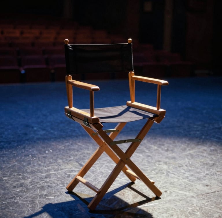 Cinematic editorial photography, warm natural light, high-contrast deep blue shadows, a vintage director's chair sitting empty on a dimly lit theater stage, rich textures, 35mm film