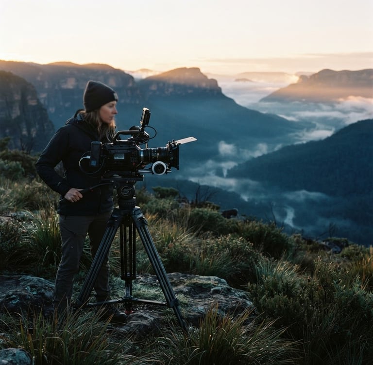 Wide cinematic shot of a documentary filmmaker's camera on a tripod, subtly capturing a serene, misty landscape at dawn, dramatic side-lighting, rich deep blue shadows, 35mm film aesthetic.