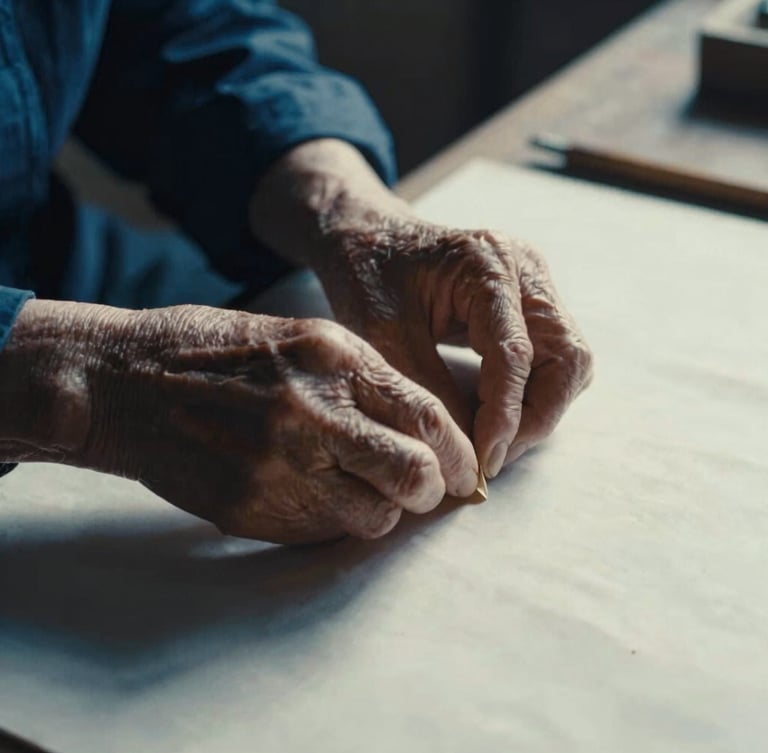 Portrait-style cinematic still of an elder's weathered hands gently tending to a traditional craft, warm natural light, high-contrast deep blue shadows, rich paper textures, 35mm film aesthetic.
