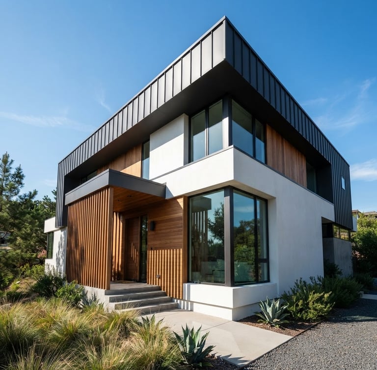 Low-angle architectural photography of a modern minimalist home with a matte charcoal metal roof, sharp direct sunlight casting geometric shadows, 35mm lens.