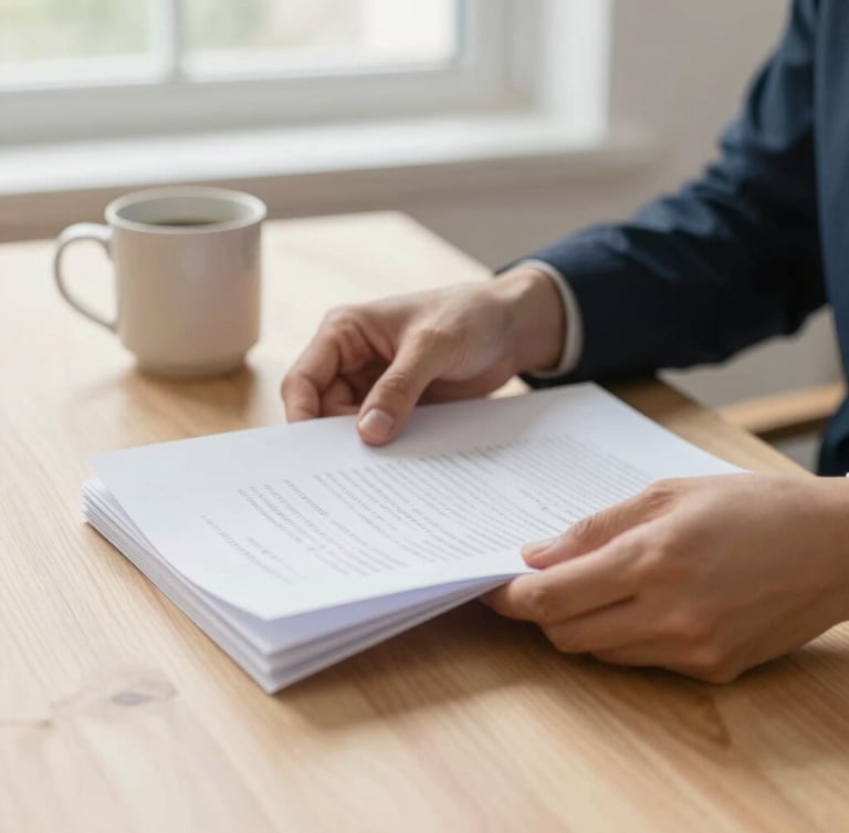 Close-up of a person's hands organizing papers on a clean wooden desk next to a ceramic coffee mug, soft natural window light, warm sand tones.
