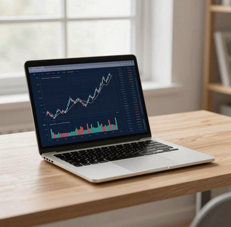 A clean, organized modern desk setup with a laptop showing financial charts, bright natural window light, muted navy and warm sand tones.