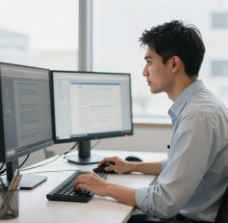 A professional software developer in a bright, modern Bangalore office working on dual monitors, soft daylight, shallow depth of field, 35mm