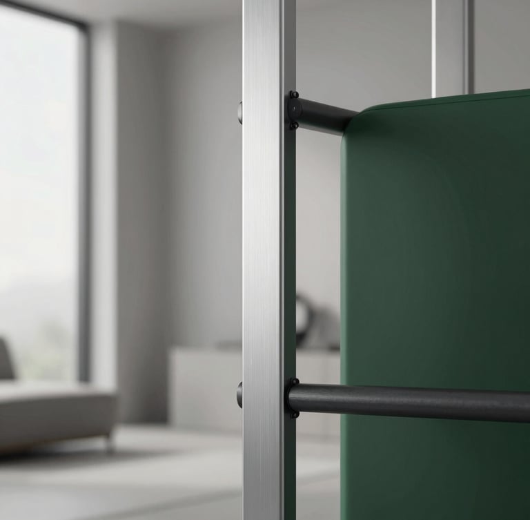 Sleek, minimalist home fitness equipment detail, clean brushed aluminum frame, soft diffused daylight, architectural modern home interior background