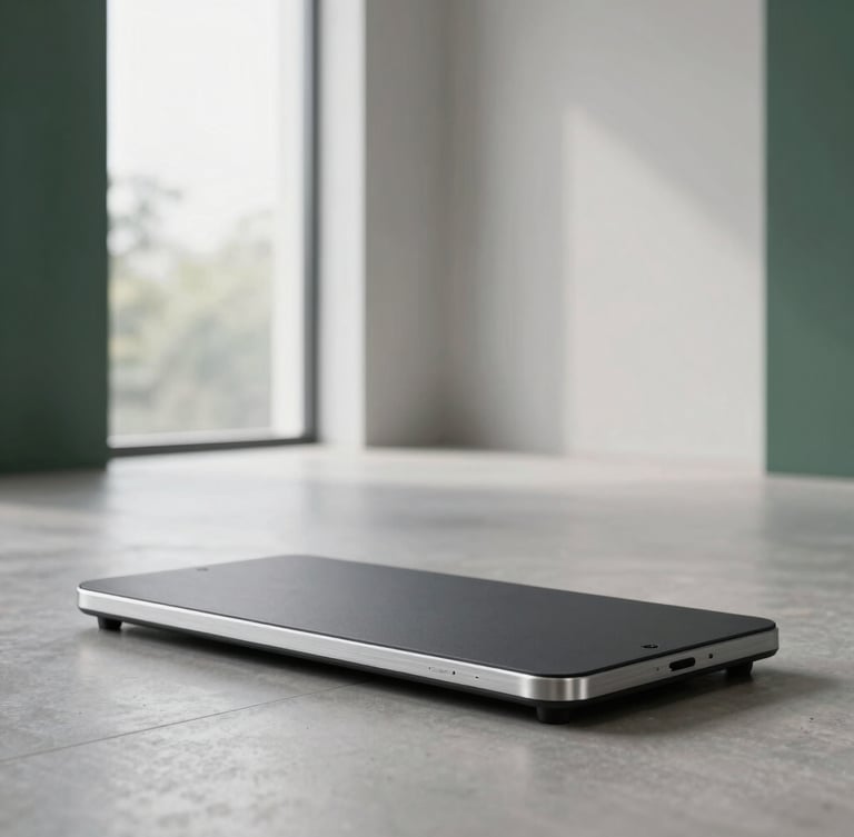 Sleek minimalist walking pad with brushed aluminum frame in a modern architectural interior, soft diffused morning light, 50mm lens.