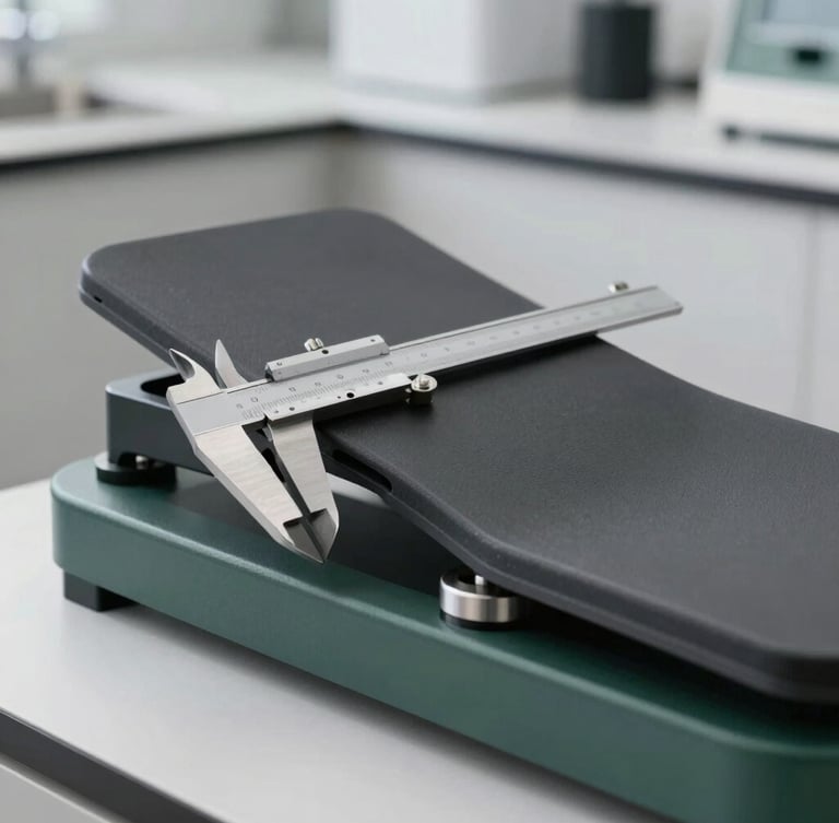 Close-up of a high-end vibration plate engineering prototype, technical calipers measuring a brushed steel joint, clean laboratory environment.
