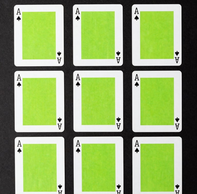 Crisp top-down flat-lay of minimalist playing cards with bold typography and neon green accents arranged in a perfect geometric grid on a dark surface, sharp studio shadows.