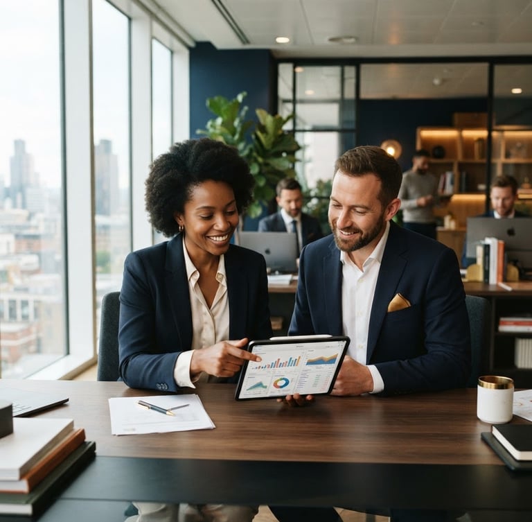 Professional, warm portrait of two financial advisors (one male, one female, diverse) in a modern, organized office workspace, reviewing a tablet together, bright natural office light, deep navy and warm gold undertones, sharp focus, 35mm