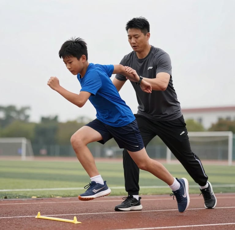 A coach instructing a young athlete on proper running form during an agility drill, overcast daylight, sharp focus.