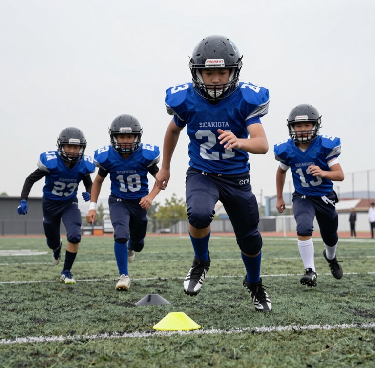 Low-angle action shot of youth football players sprinting through agility cones on a turf field under high-contrast overcast daylight.