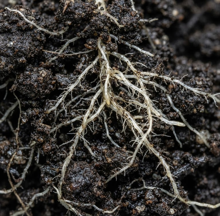 Extreme macro close-up of healthy root structures in dark soil, crisp details, clinical scientific photography, bright clean laboratory lighting, high-contrast cool tones, 50mm.