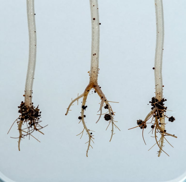 Macro close-up of healthy root systems resisting Fusarium infection in a soil sample, crisp details, high-contrast cool tones, clinical scientific photography, 50mm