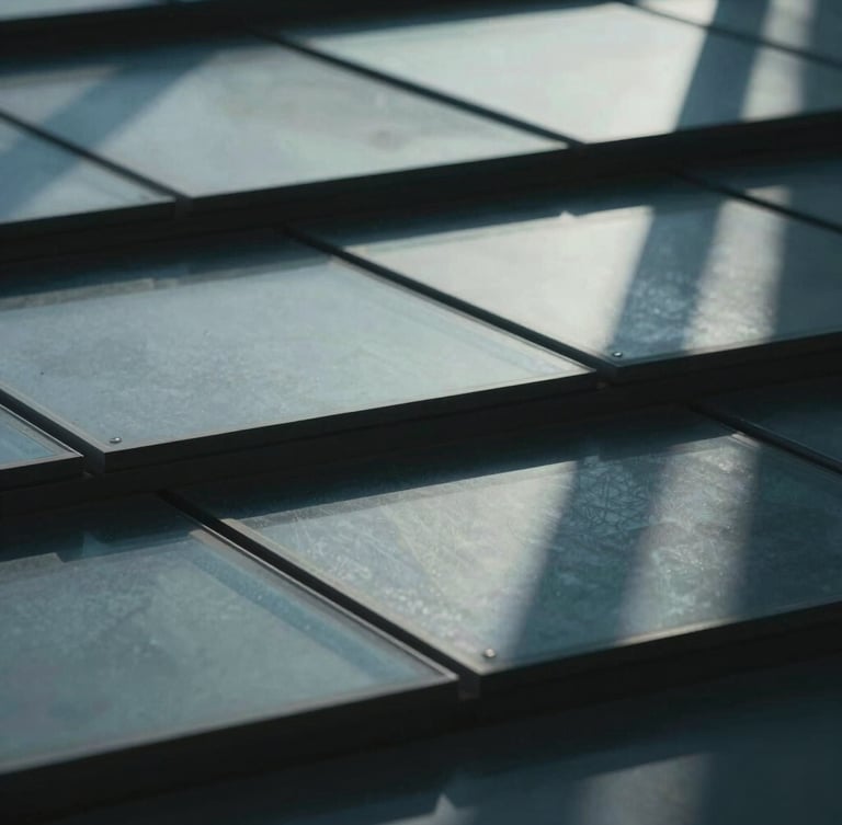 A close-up, high-contrast photograph of layered architectural glass sheets casting sharp, precise geometric shadows under cool, diffused daylight.