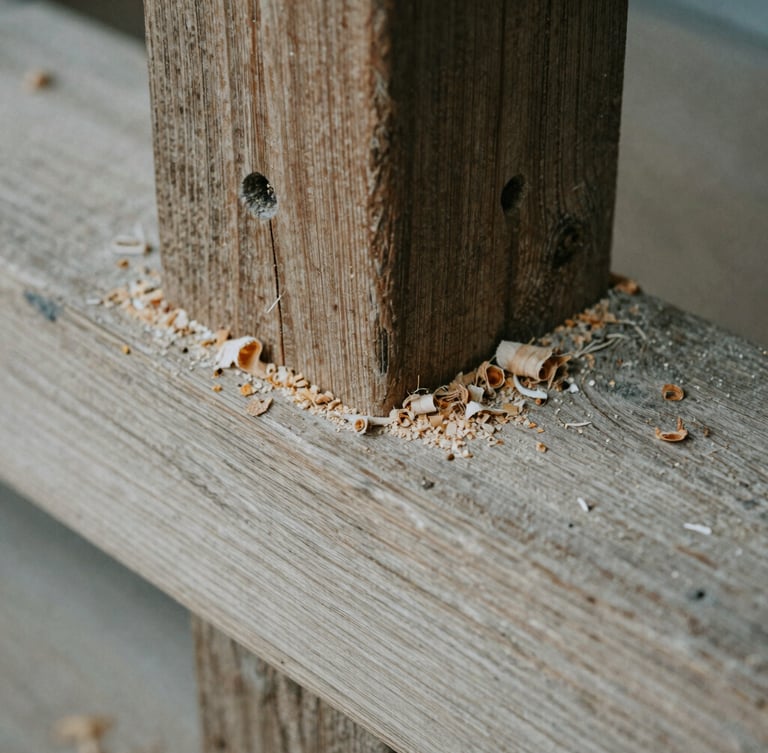 Moody close-up of a hand-chiseled mortise and tenon joint in weathered oak, wood shavings and sawdust scattered on the grain, natural overcast light
