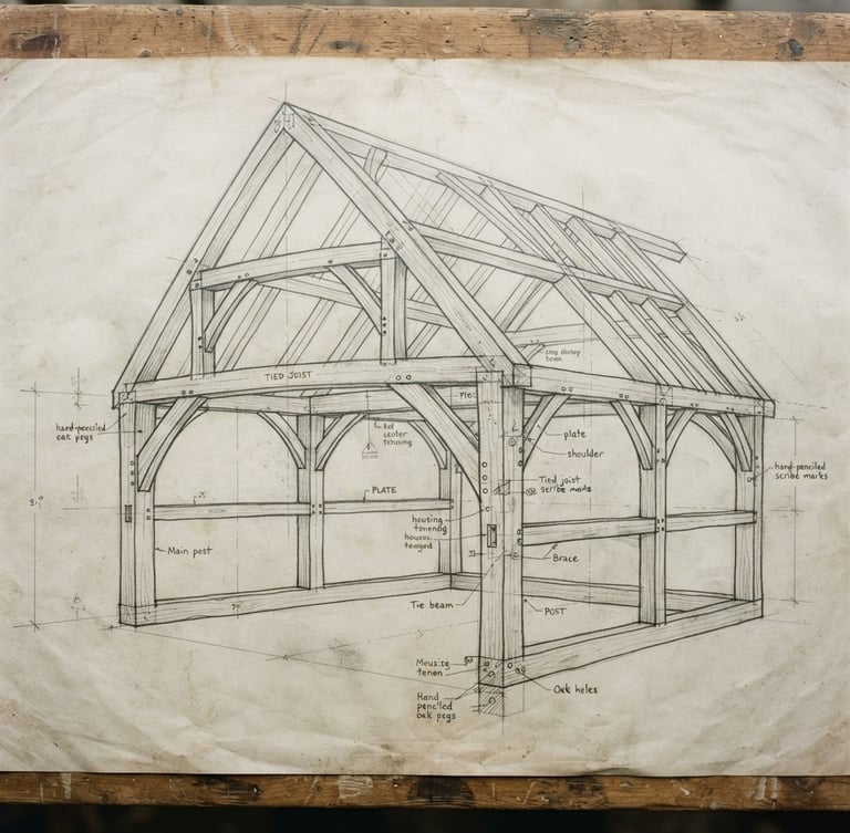 A detailed hand-drawn architectural drafting of a timber-frame barn bent on aged cream paper, showing precise mortise and tenon joinery details, hand-penciled scribe marks, overhead soft lighting.