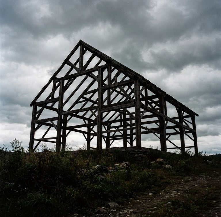 Dramatic wide-angle shot of a hand-hewn timber frame silhouetted against an overcast Vermont sky, low horizon, moody natural light, 35mm film grain