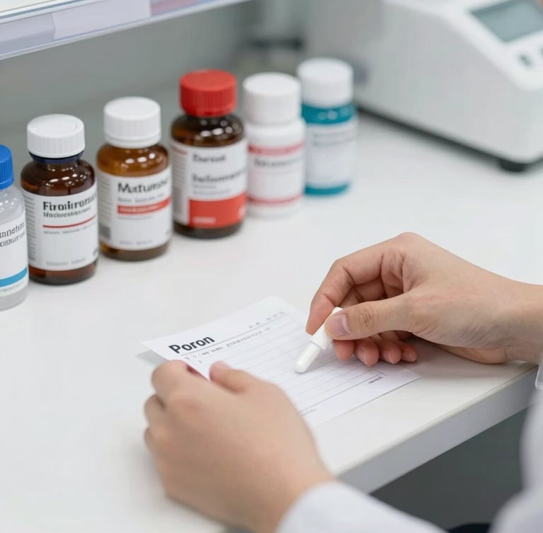Close-up of hands preparing a pharmaceutical prescription on a clean white counter, organized clinical environment, bright neutral light