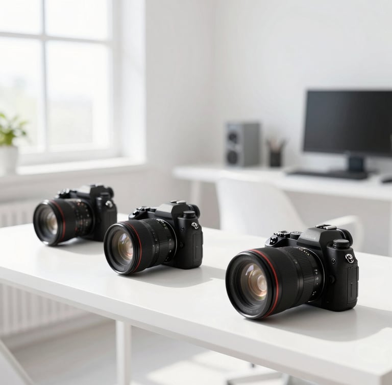 Bright high-key studio photography, modern sun-drenched creative workspace with high-end camera gear on a clean white desk, sharp focus, 35mm lens
